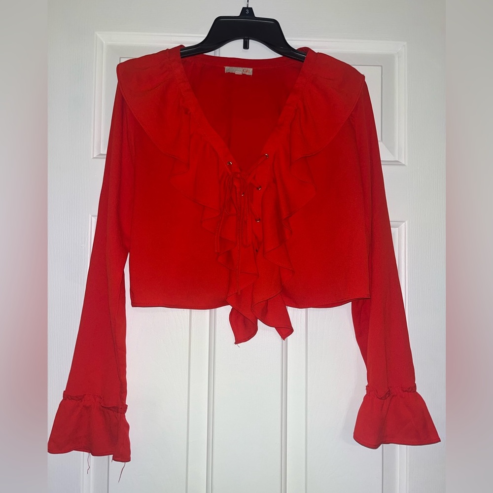Ruffle-front lace-up cropped blouse